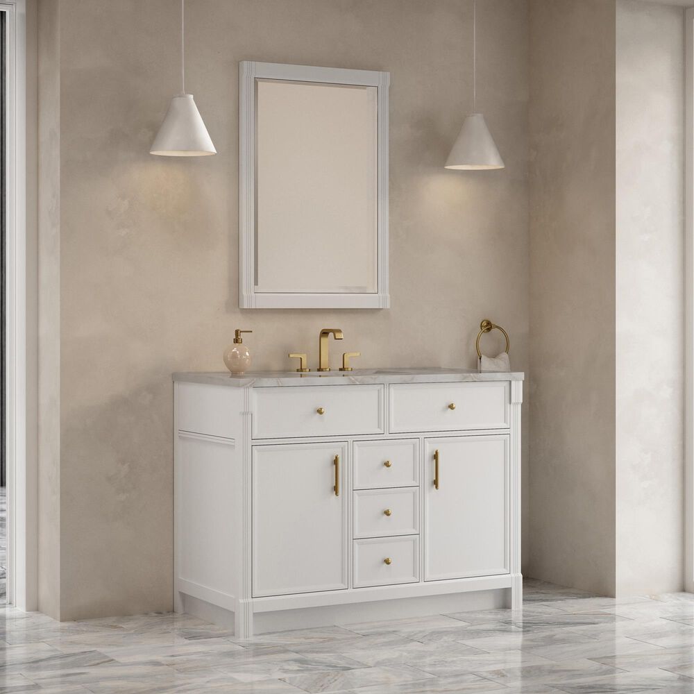 James Martin Bellshire 48" Single Bathroom Vanity in Bright White with 3 cm Victorian Silver Silestone Top, Rectangular Sink and FreePower Wireless Charger, , large