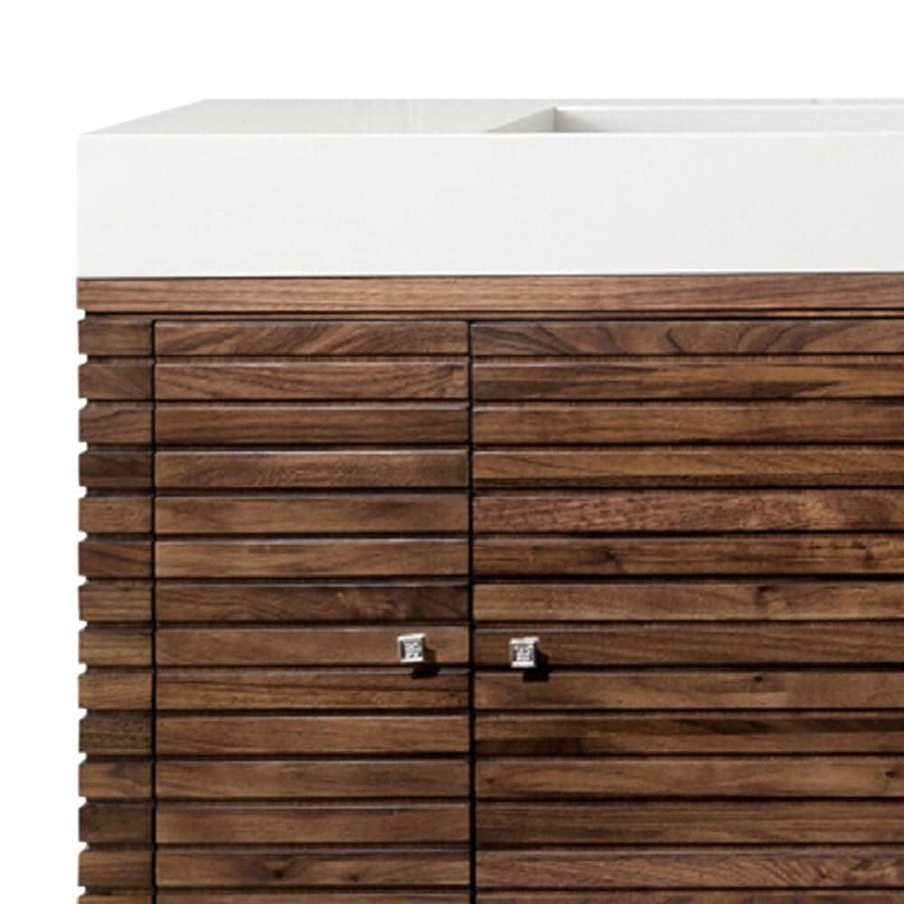 James Martin Vanities Linear 72&quot; Single Bathroom Vanity in Mid Century Walnut with 10 cm Glossy White Solid Surface Top and Rectangular Sink, , large