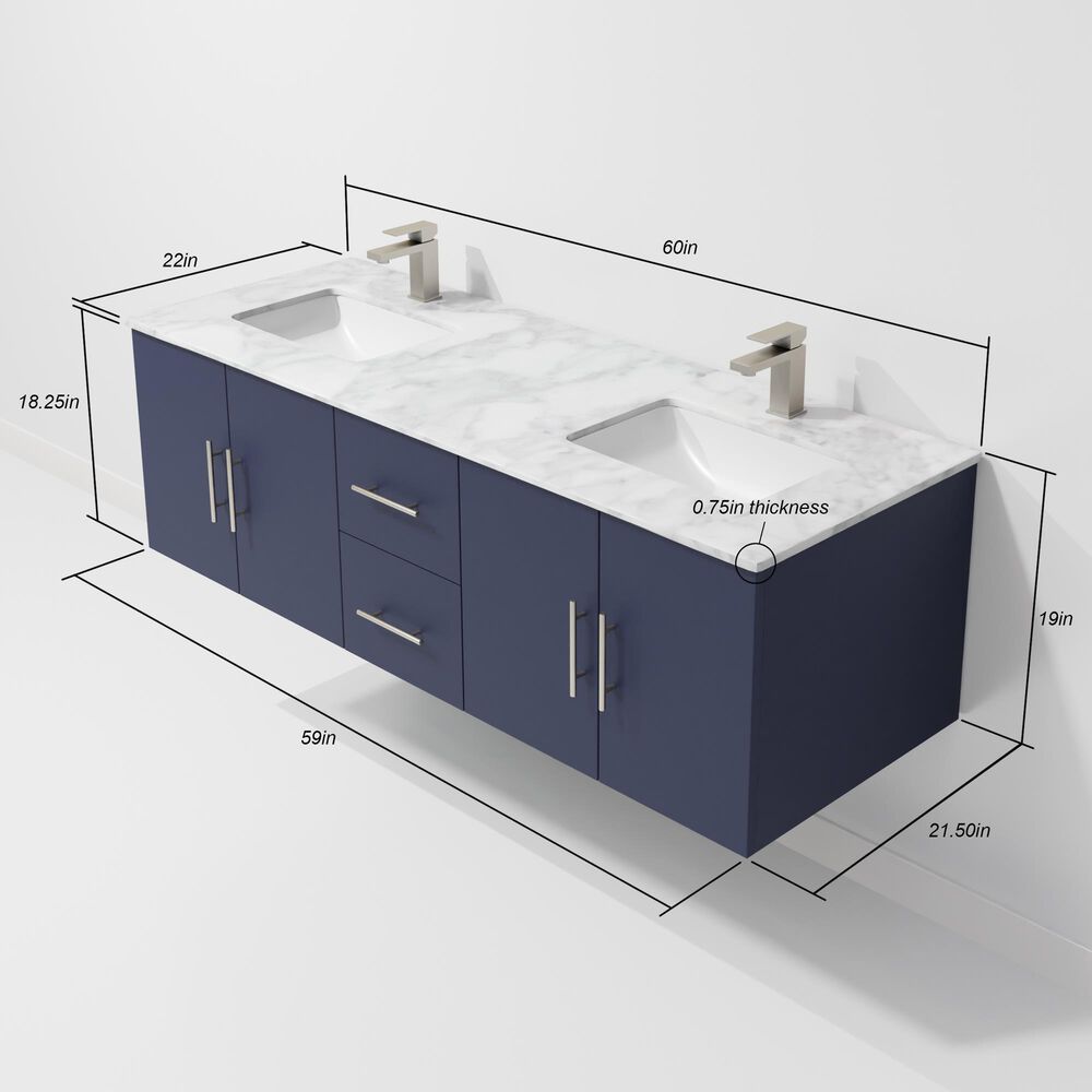 Lexora Home Geneva 60" Double Bathroom Vanity in Navy Blue with 2 cm White Carrara Marble Top and Rectangular Sinks, , large