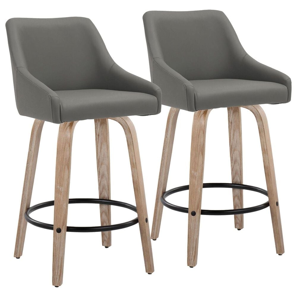 LumiSource Hannah Swivel Counter Stool with Dark Grey Faux Leather Upholstery in Whitewashed and Black (Set of 2), , large