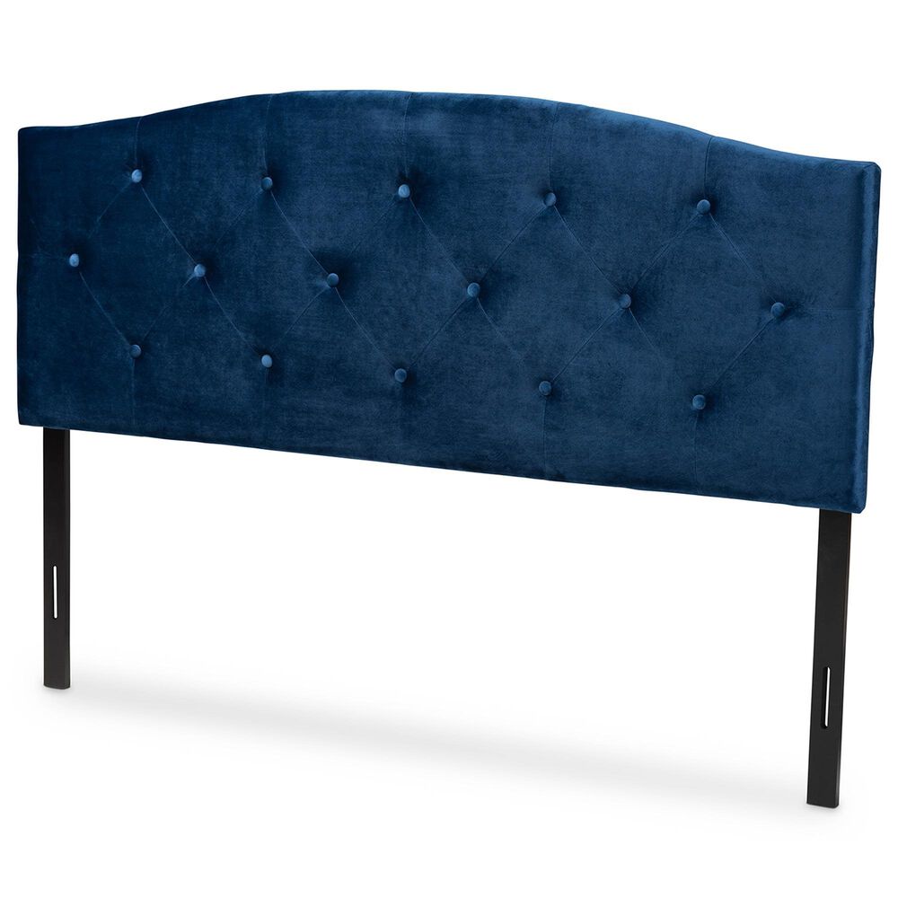 Baxton Studio Leone Full Panel Headboard with Navy Blue Velvet in Dark Brown, , large