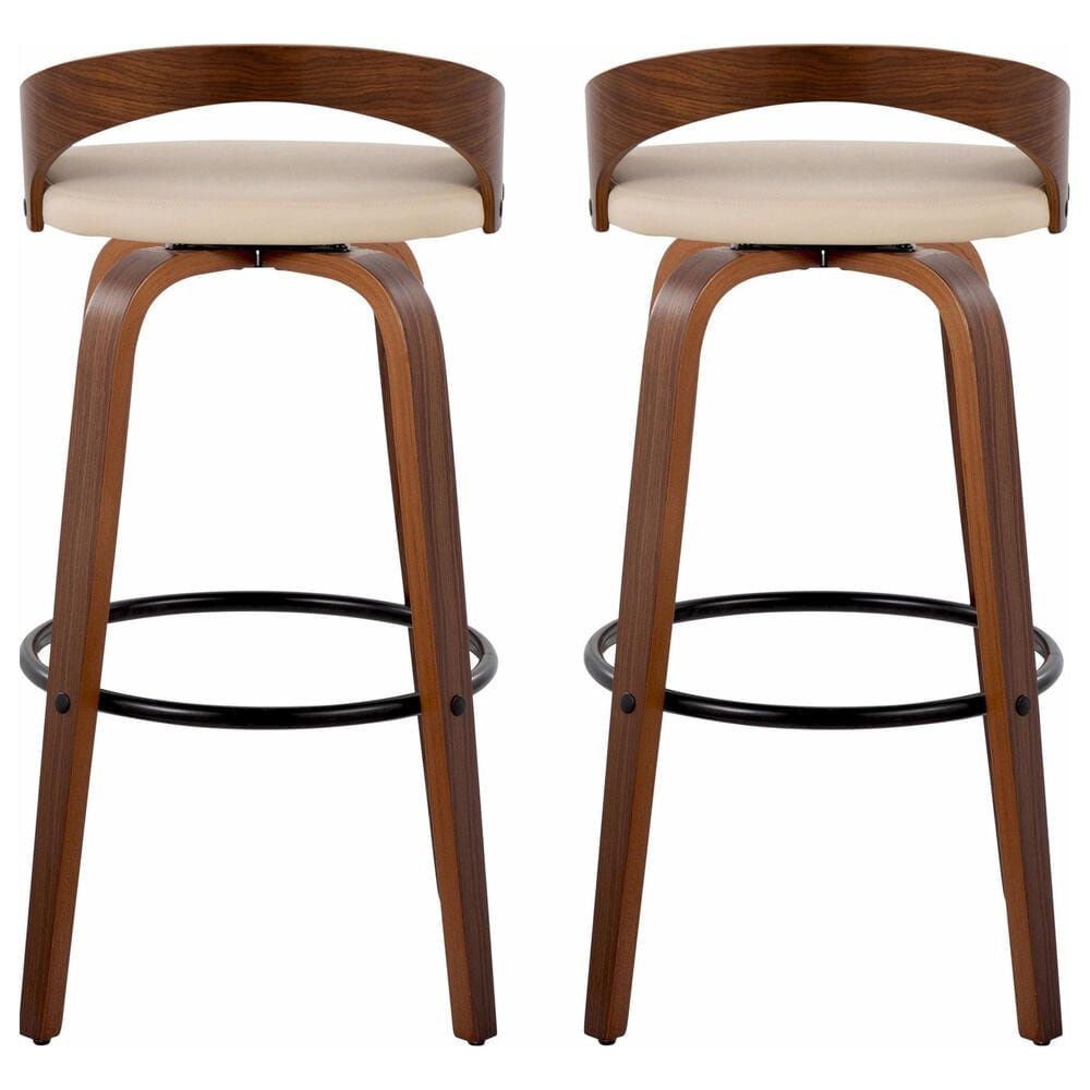 LumiSource Grotto 30" Swivel Barstool with Cream Faux Leather Upholstery in Walnut and Black (Set of 2), , large
