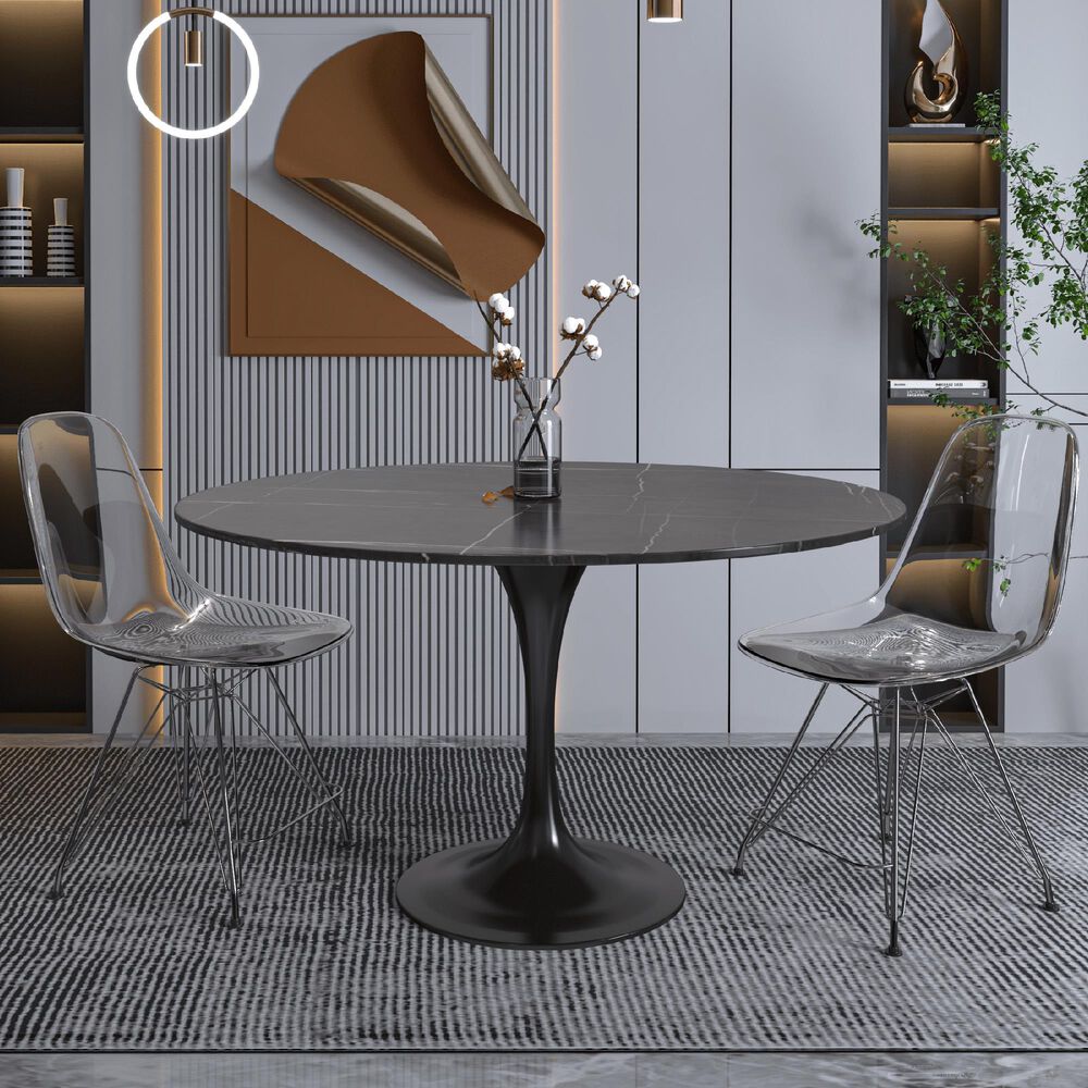 Leisuremod LeisureMod Verve Collection 48 Round Dining Table, Black Base with Sintered Stone Black Top, , large