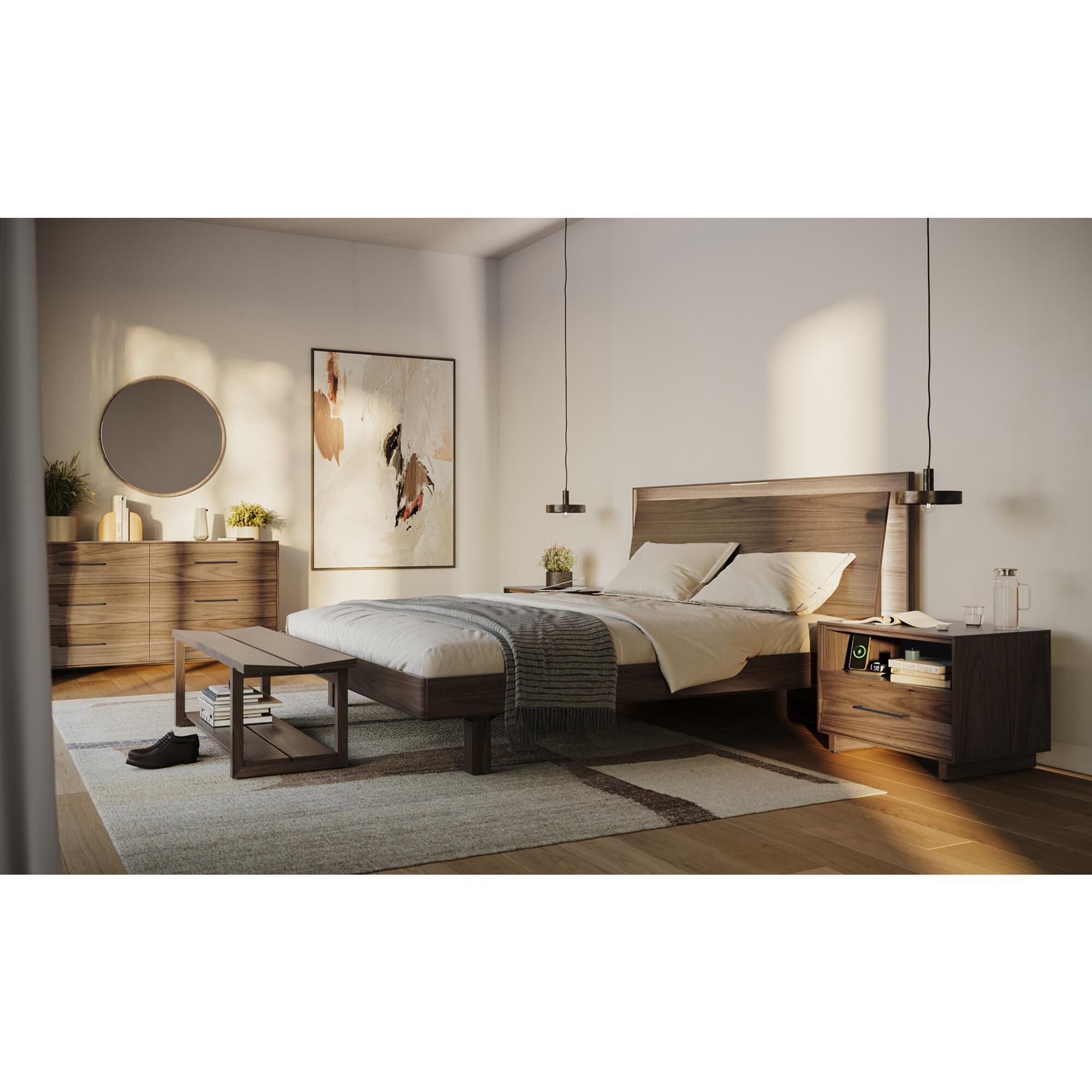 BDI Kava King Platform Bed in Natural Walnut with Lighting and USB
