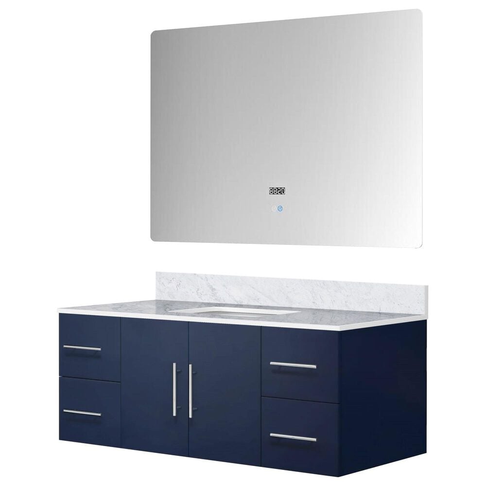Lexora Home Geneva 48" Single Bathroom Vanity in Glossy White with 2 cm White Carrara Marble Top, Rectangular Sink and 48" LED Mirror, , large