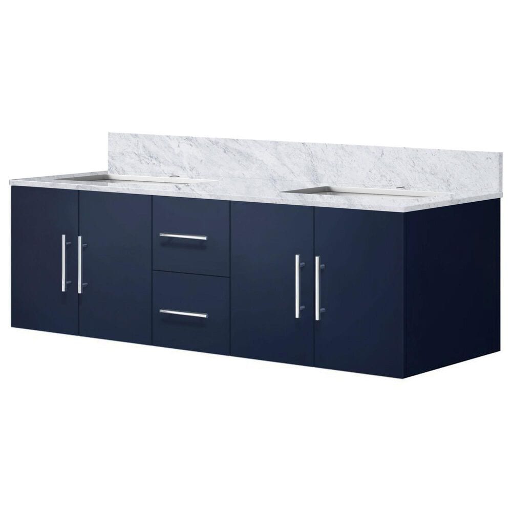 Lexora Home Geneva 60" Double Bathroom Vanity in Navy Blue with 2 cm White Carrara Marble Top and Rectangular Sinks, , large