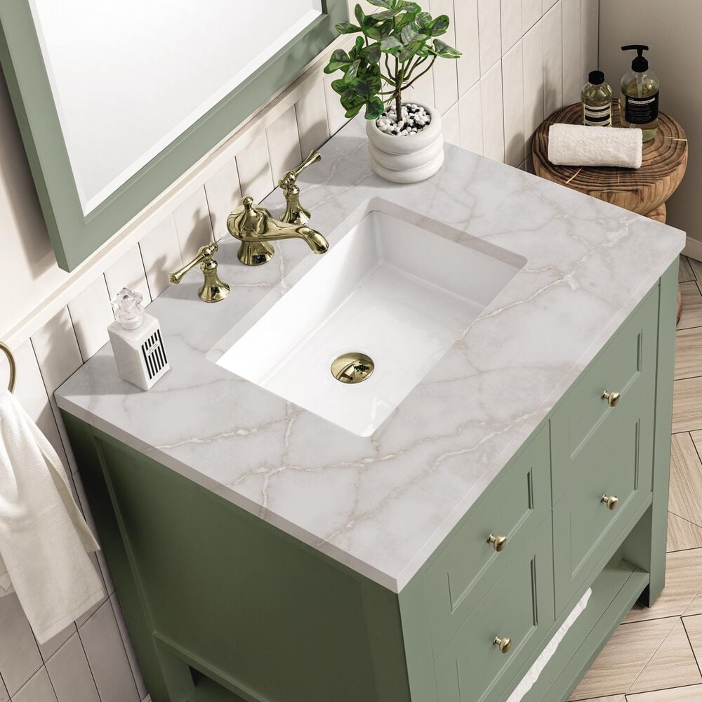 James Martin Vanities Breckenridge 30&quot; Single Bathroom Vanity in Smokey Celadon with 3 cm Victorian Silver Quartz Top and Rectangular Sink, , large