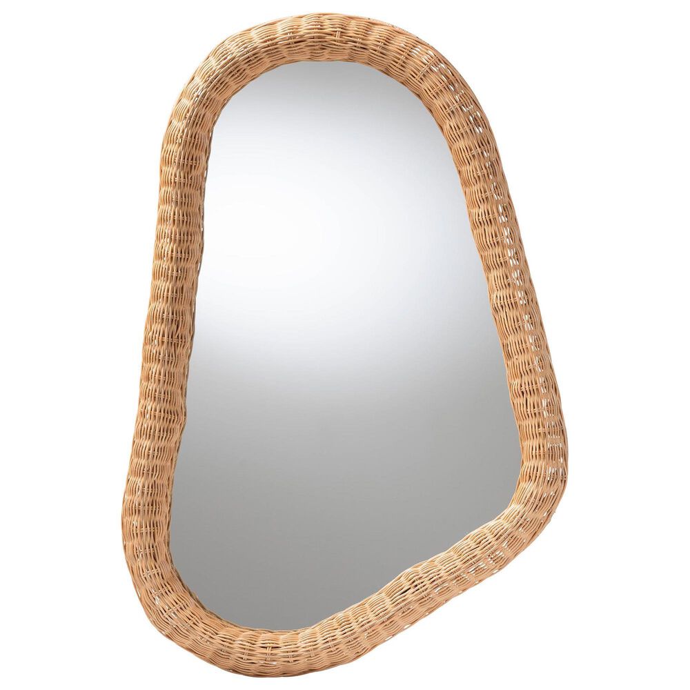 Baxton Studio Ulrica Irregular Shape Rattan Wall Mirror in Honey, , large