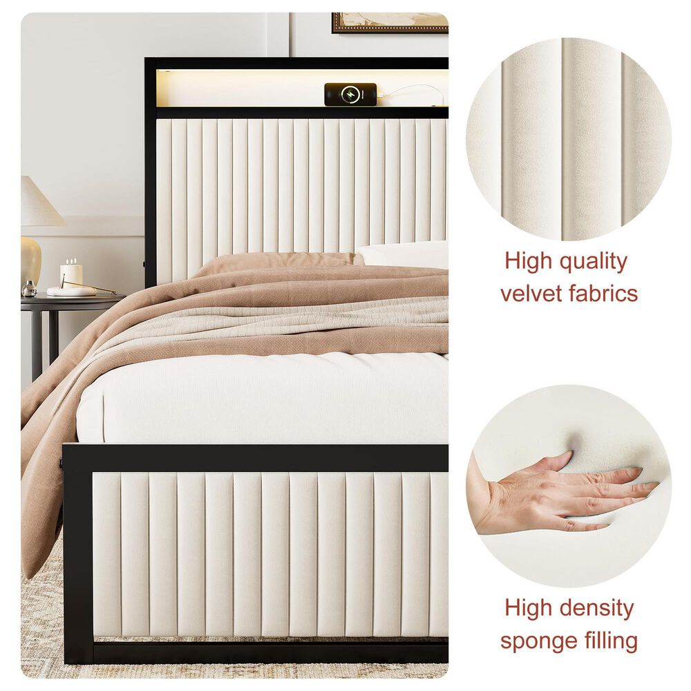 HOMLUX Full 2-Drawer Storage Bed with LED Headboard and USB Ports in Beige, , large