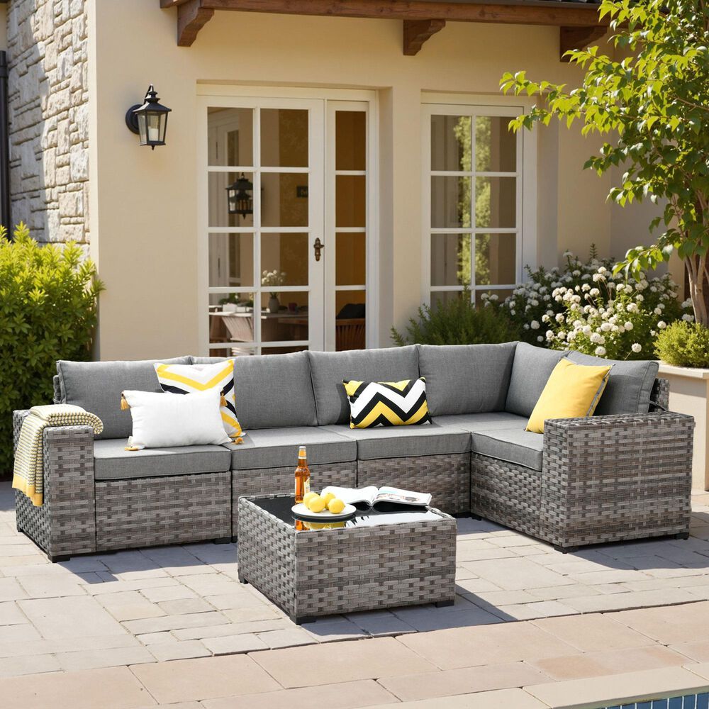 HOMLUX 6-Piece Outdoor Wicker Sectional Patio Furniture Set in Dark Gray, , large