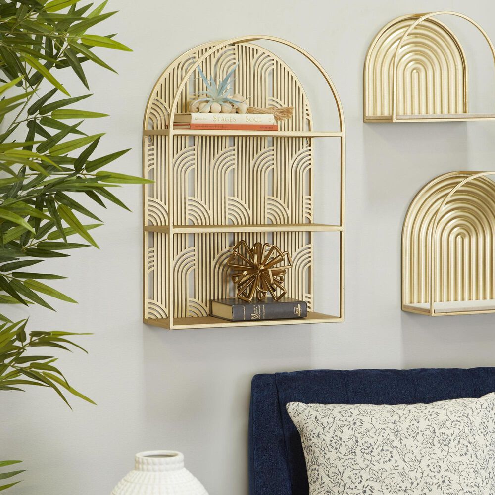 Maple and Jade 3-Level Rounded Room Wall Shelf with Arch Pattern in Gold, , large