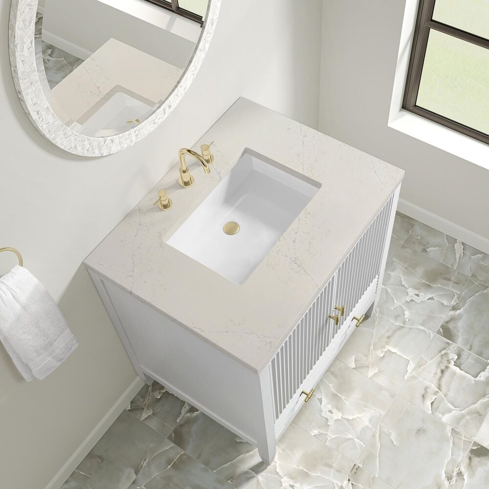 James Martin Myrrin 30" Single Bathroom Vanity in Bright White with 3 cm Charcoal Soapstone Silestone Top and Rectangular Sink, , large