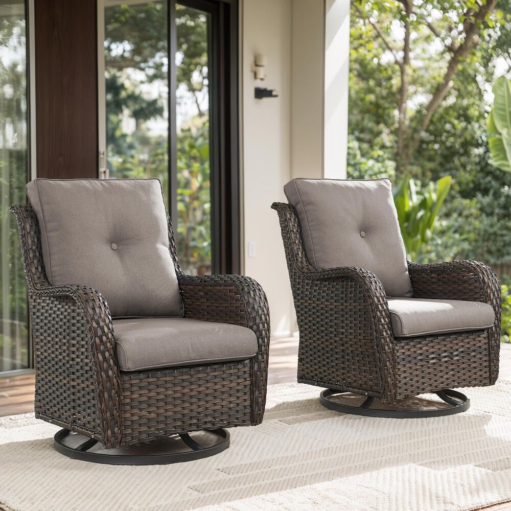 Sunwell Garden Patio Swivel Rocker Chair with Brown Rattan in Gray (Set of 2), , large