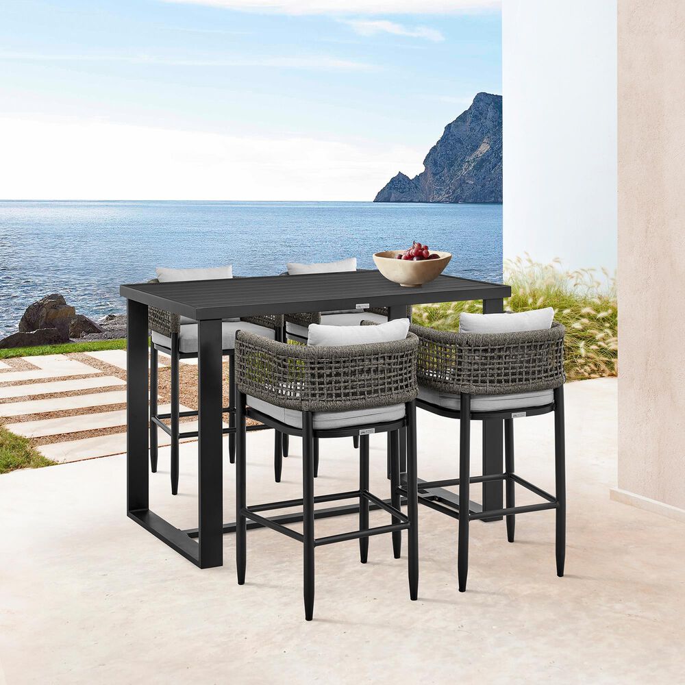 Armen Living Alegria Patio Counter Height Bar Stool with Gray Cushion in Black, , large