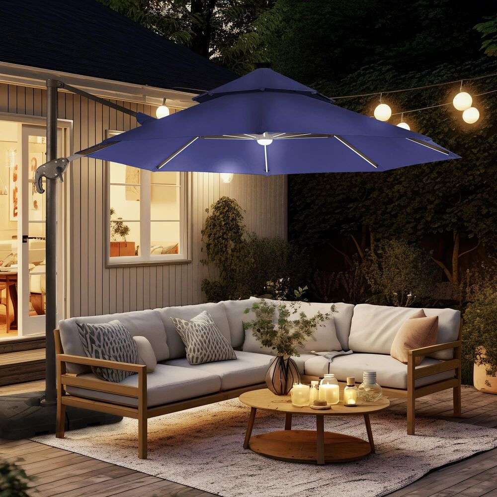 Furniture of America Zora 10&#39; LED Bulb Double Top Octagon Patio Umbrella with Base in Blue, , large