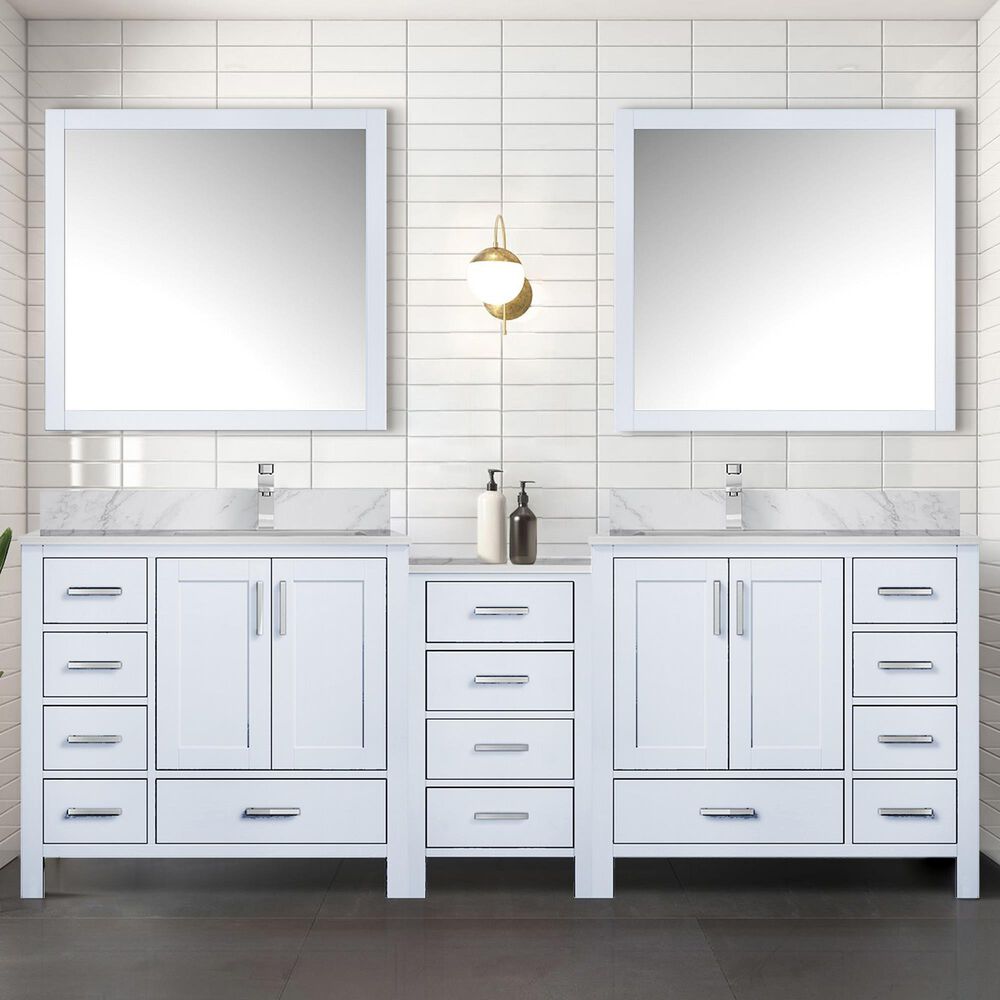 Lexora Home Coraline 92&quot; Double Bathroom Vanity in Dark Grey with White Carrara Marble Top, Rectangular Sinks and 34&quot; Mirrors, , large
