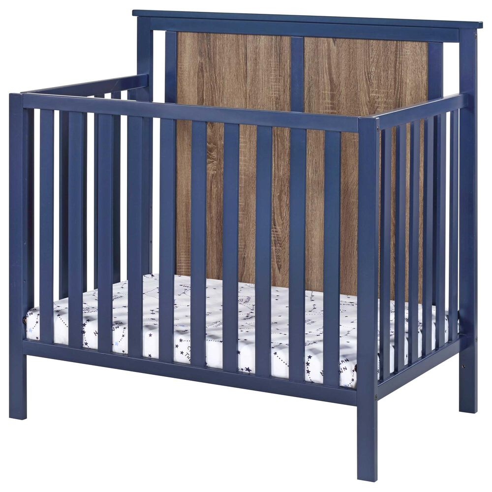 Hearth and Haven Connelly Mini Crib with Mattress Pad in Midnight Blue and Vintage Walnut, , large
