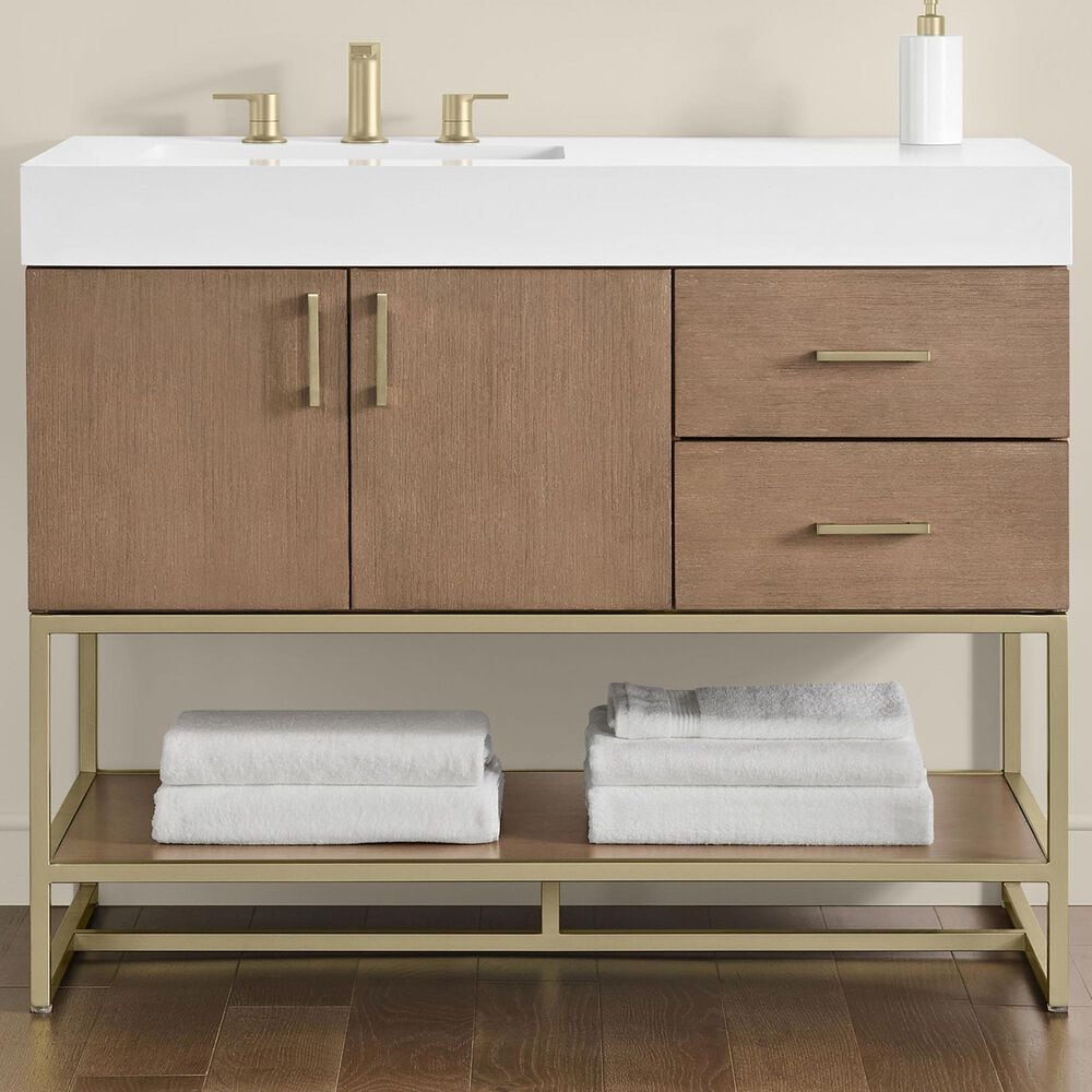 37B Mauri 42" Single Bathroom Vanity with Metal Base in Walnut Drift with High-Profile 4" White Composite Stone Top, , large