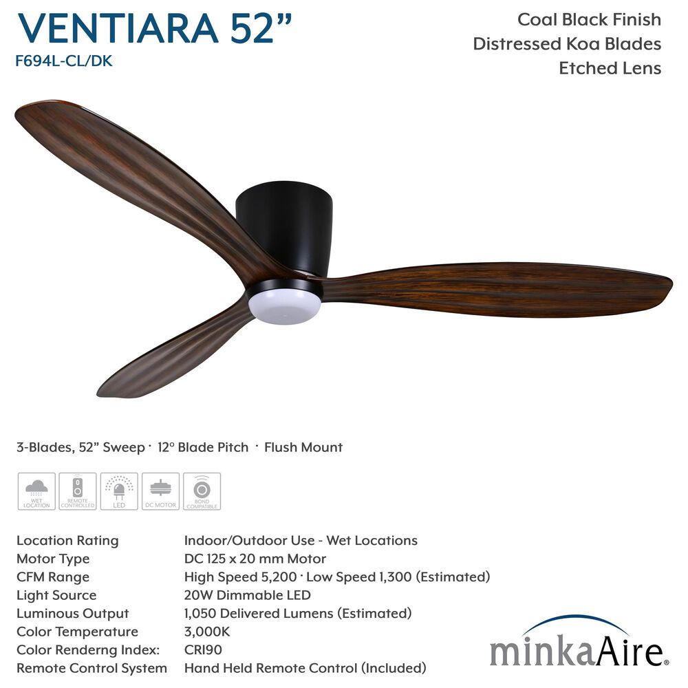 Minka-Aire Ventiara 52" LED Flush Mount Indoor/Outdoor Ceiling Fan in Coal, , large