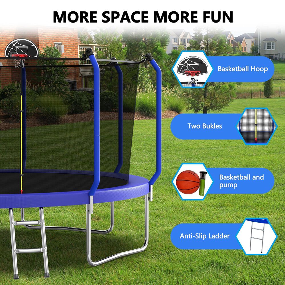 HOMLUX 14' Outdoor Trampoline with Enclosure Net and Ladder in Blue, , large