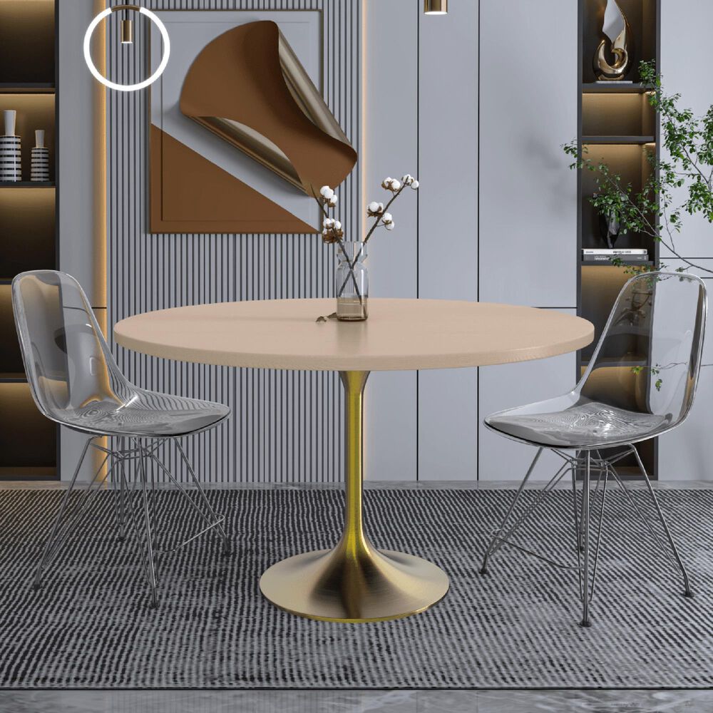 Leisuremod LeisureMod Verve Collection 48 Round Dining Table, Brushed Gold Base with Light Natural Wood MDF Top, , large