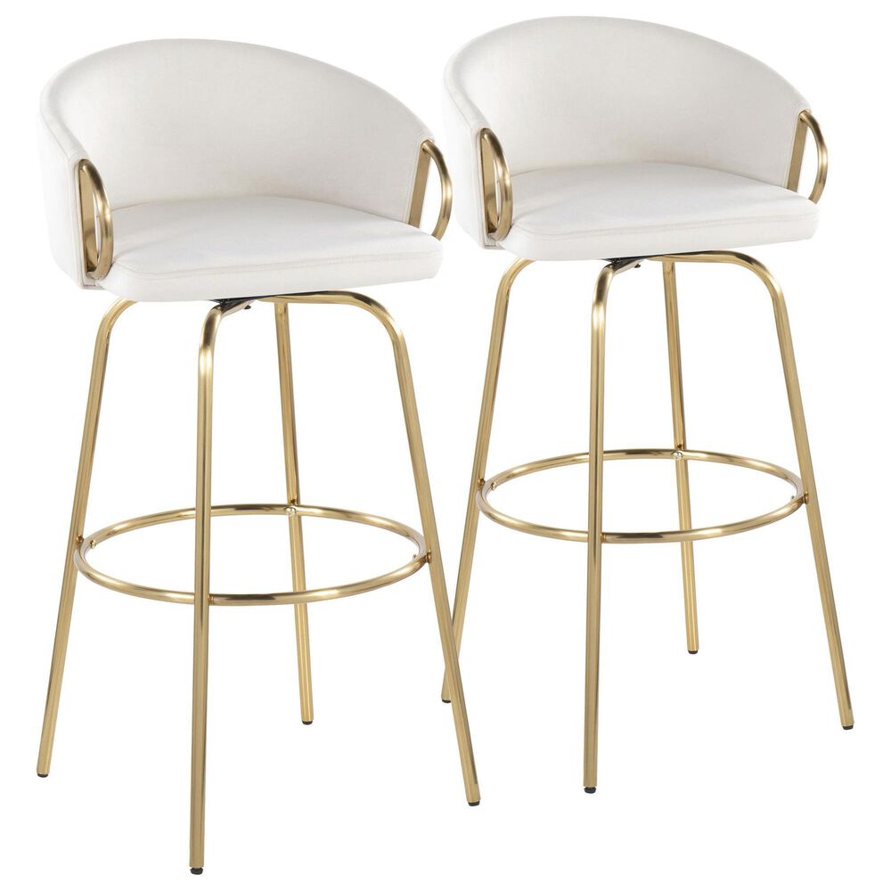 LumiSource Claire Swivel Barstool with Cream Velvet Upholstery in Gold (Set of 2), , large