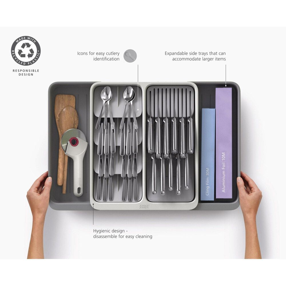Joseph Joseph DrawerStore Expanding Tiered Cutlery, Utensil, Gaget and Knife Organizer in Grey and Stone, , large
