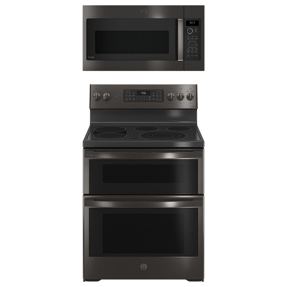 GE Profile Profile 2-Piece Kitchen Packages with 30" Electric Double Oven Range and 1.7 Cu. Ft. Over-the-Range Microwave Oven in Fingerprint Resistant Black Stainless Steel, , large