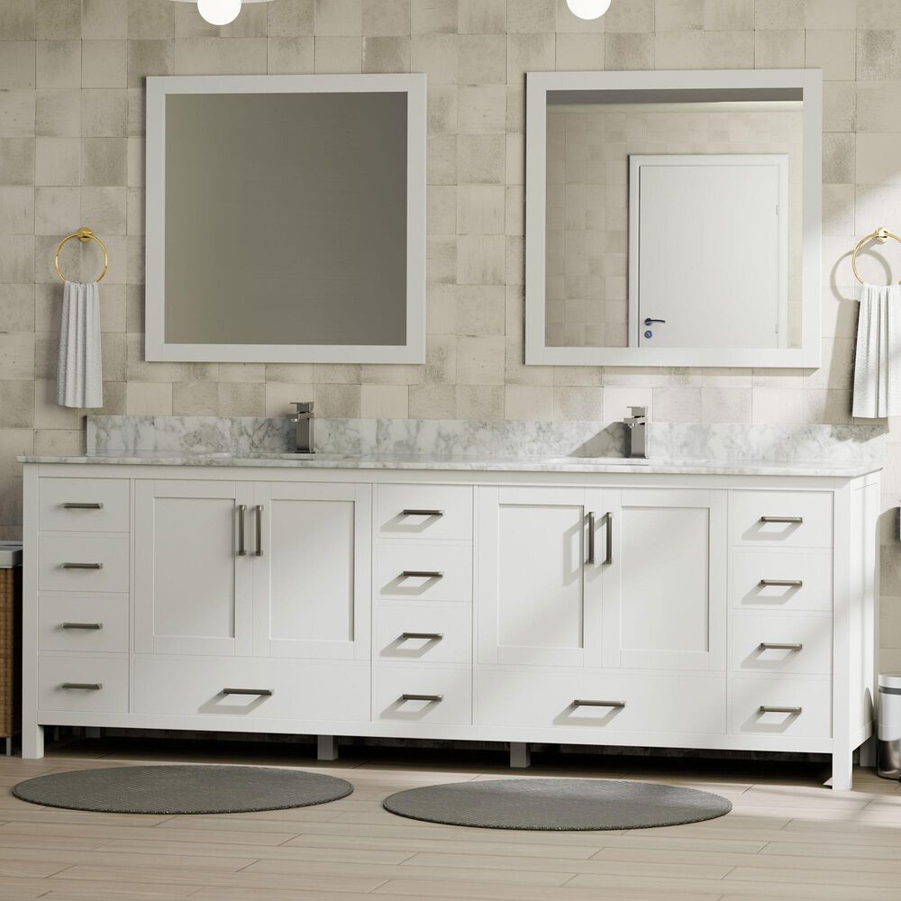 Lexora Home Jacques 84&quot; Double Bathroom Vanity in White with 2 cm White Carrara Marble Top and Rectangular Sinks, , large