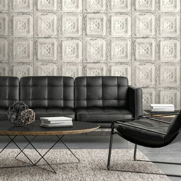 NextWall Distressed Tin 216" x 20.5" Peel and Stick Wallpaper in Charcoal Gray and Off-White, , large