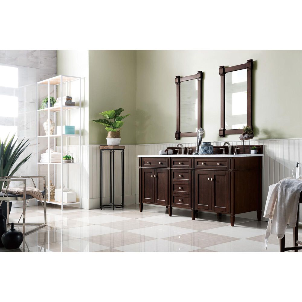 James Martin Vanities Brittany 72&quot; Double Bathroom Vanity in Burnished Mahogany with 3 cm Carrara White Marble Top and Rectangle Sinks, , large