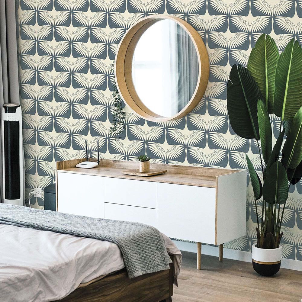 Tempaper 56 sq. ft. Genevieve Gorder Feather Flock Denim Blue Peel and Stick Wallpaper, , large