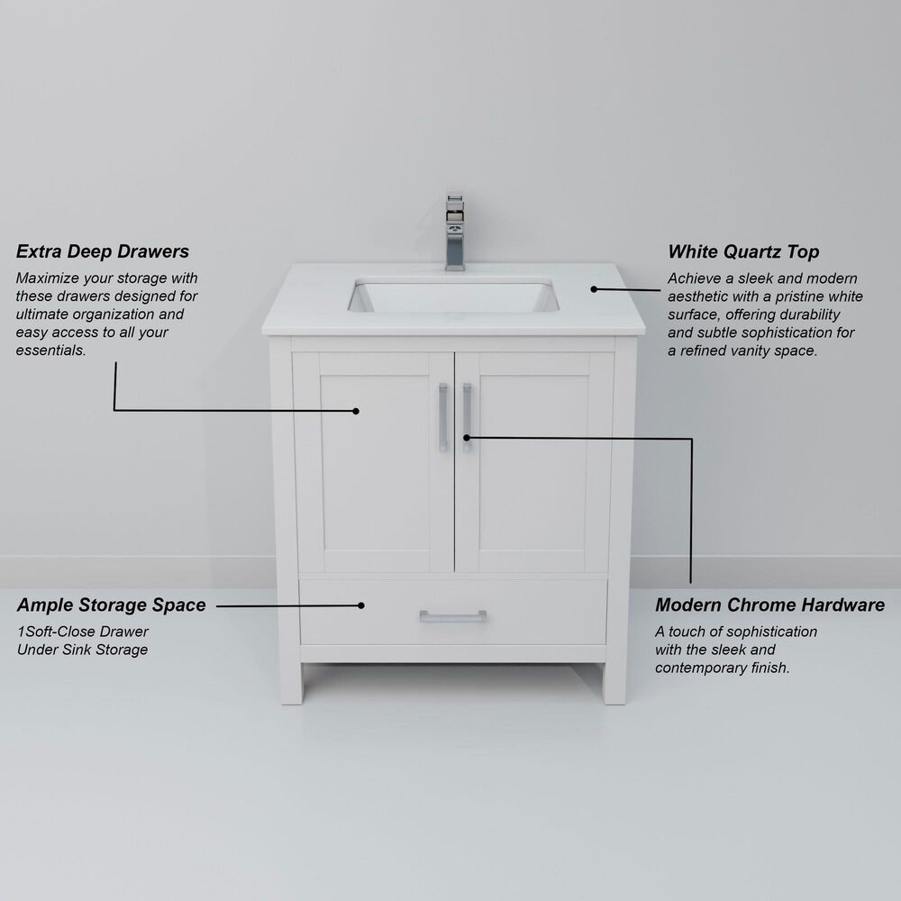 Lexora Home Jacques 30" Single Bathroom Vanity in White with 2 cm White Quartz Top and Rectangular Sink, , large