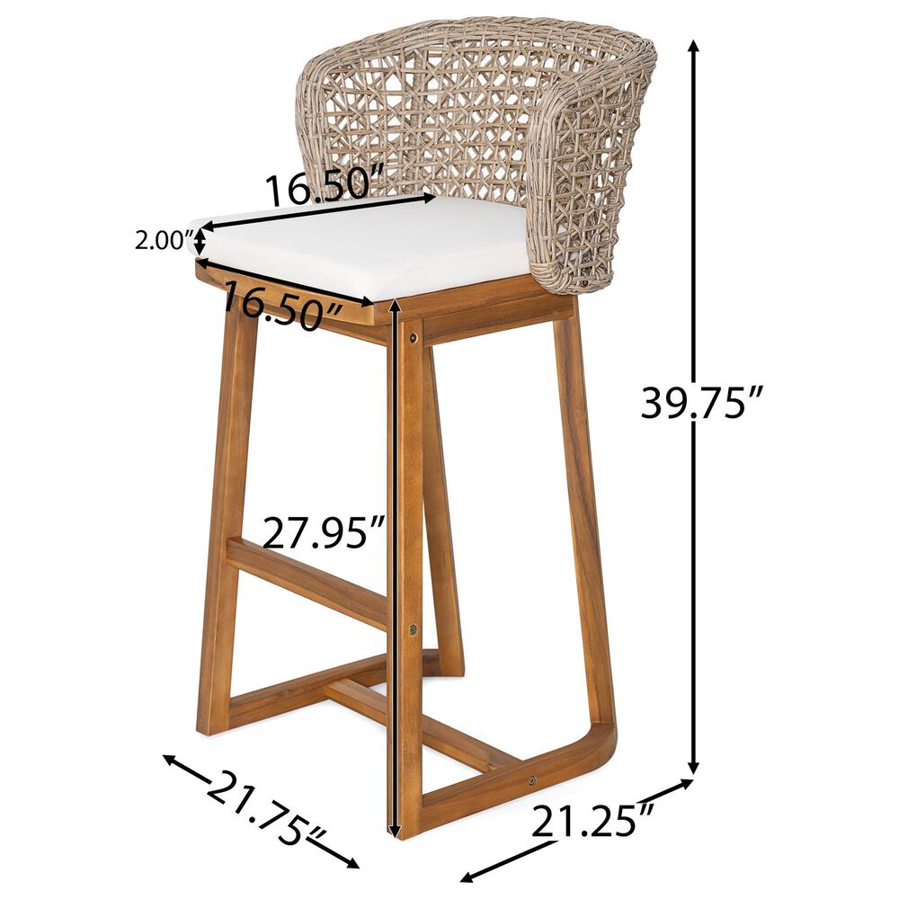 Hearth and Haven Outdoor Bar Stool with Woven Wicker Back and Cushion in Beige (Set of 2), , large