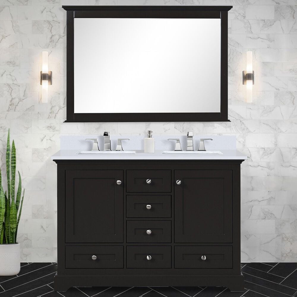 Lexora Home Dukes 48&quot; Double Bathroom Vanity in Espresso with 2 cm White Cultured Marble Top, Rectangular Sinks and 46&quot; Mirror, , large