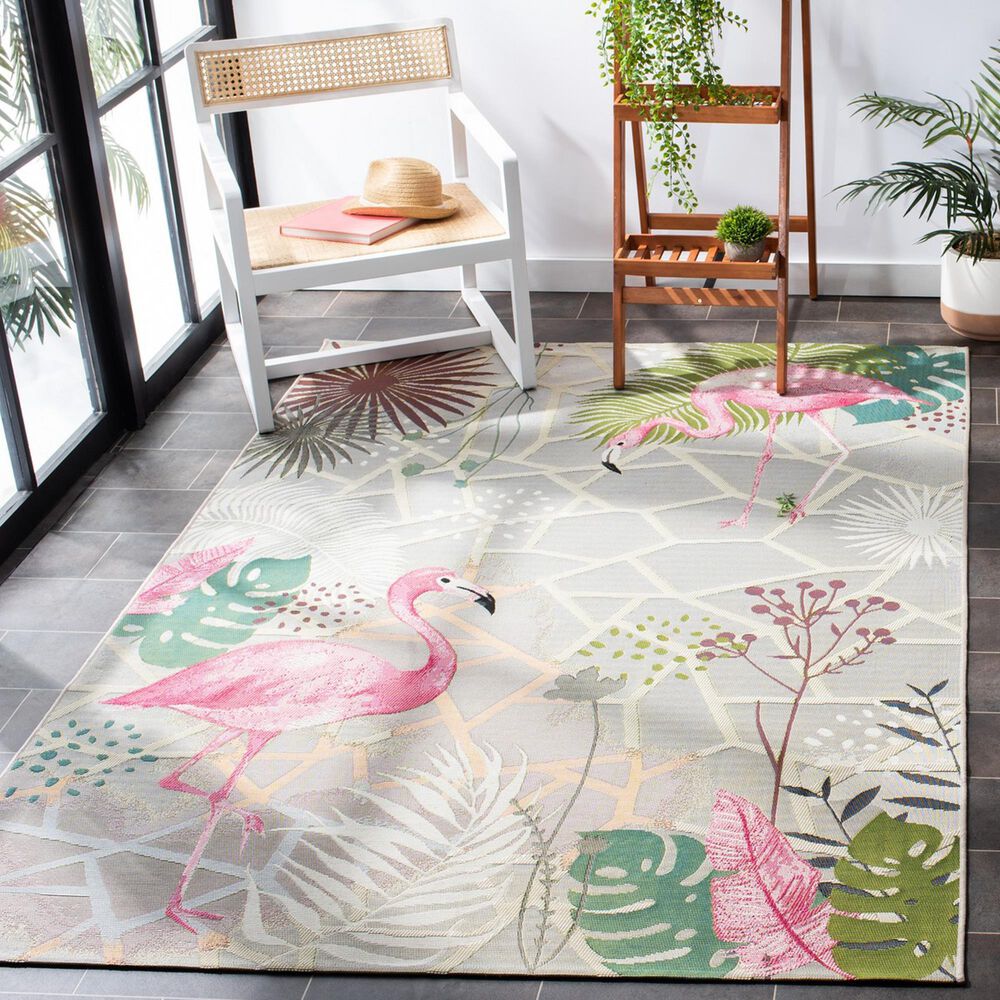 Safavieh Barbados Tropical Flamingo 3&#39;3&quot; x 5&#39; Grey and Pink Indoor/Outdoor Area Rug, , large