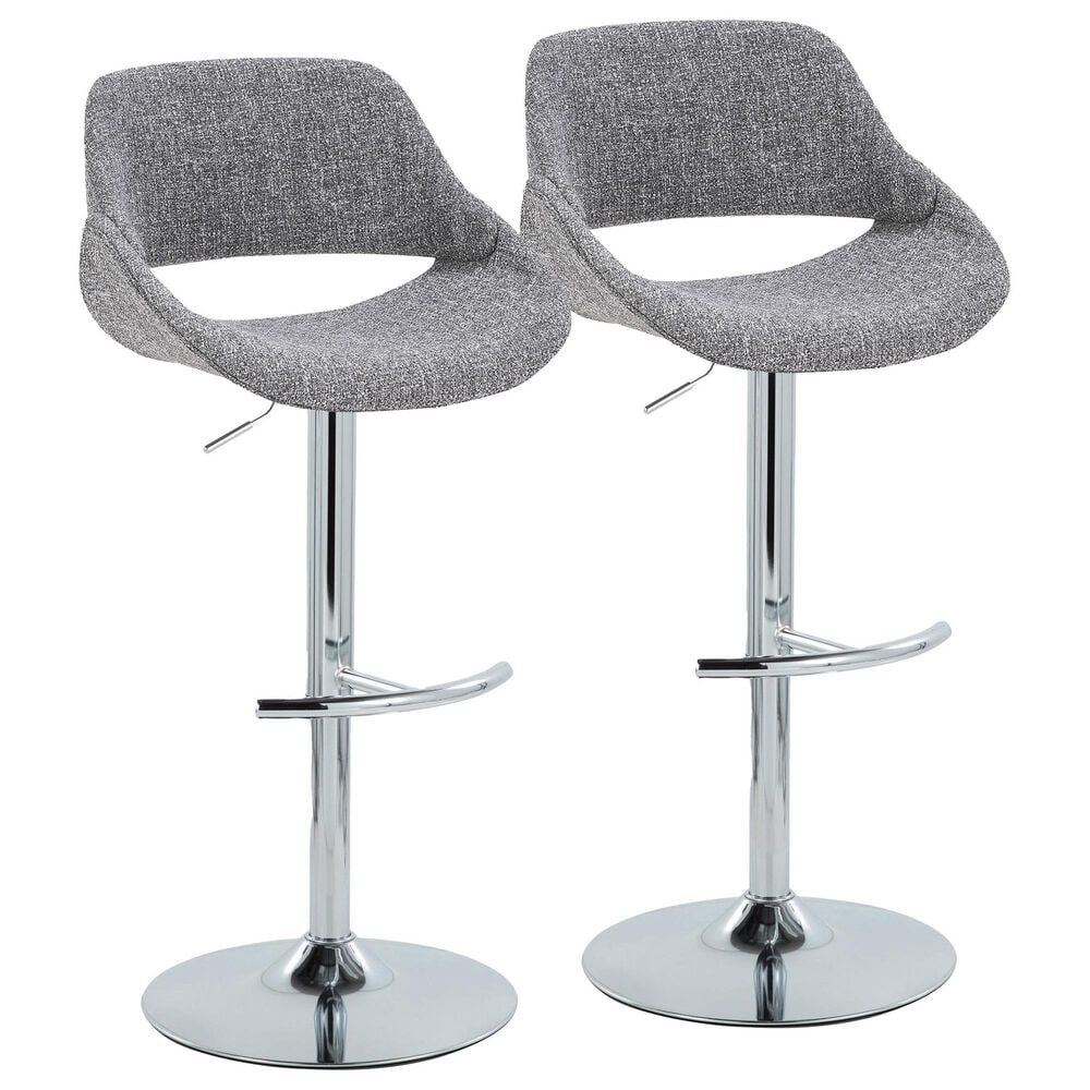 LumiSource Fabrico Swivel Adjustable Bar Stool with Grey Noise Fabric Upholstery and Rounded T Footrest in Chrome (Set of 2), , large