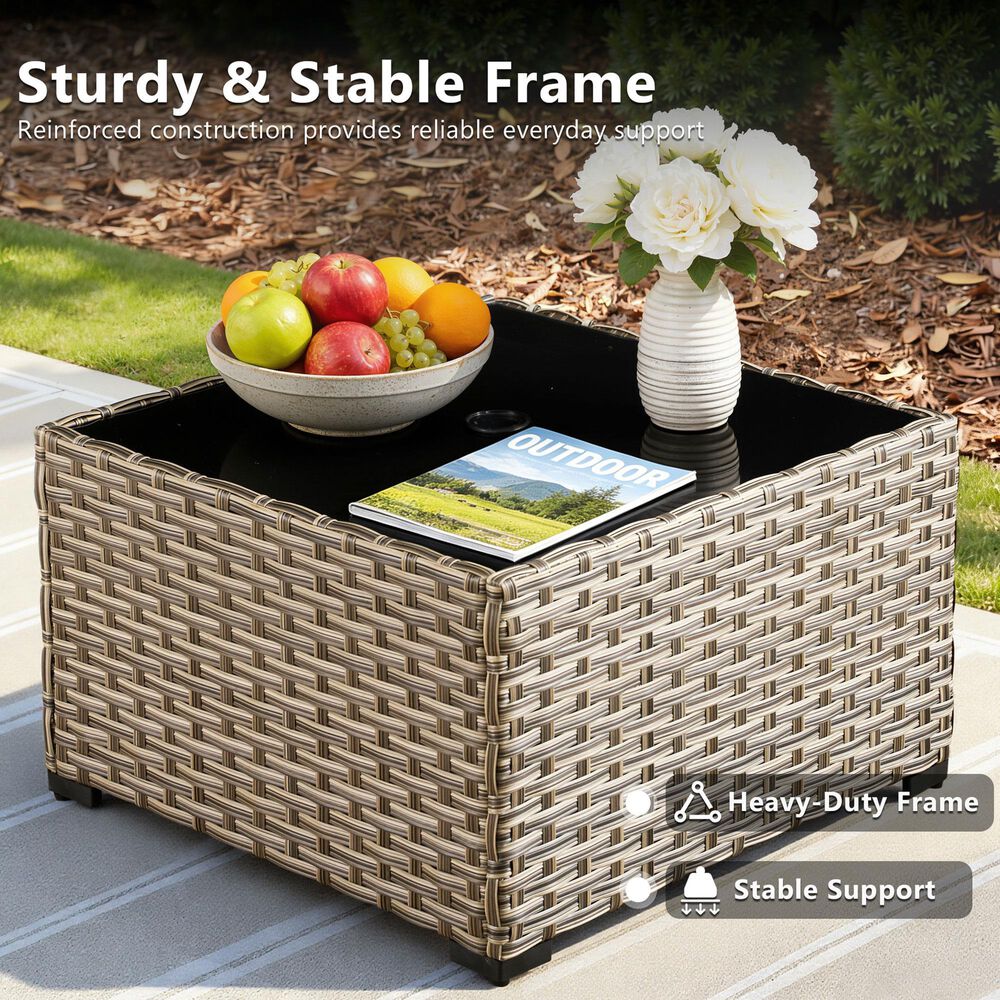 HOMLUX Outdoor Wicker Square Coffee Table with Umbrella Hole in Brown, , large