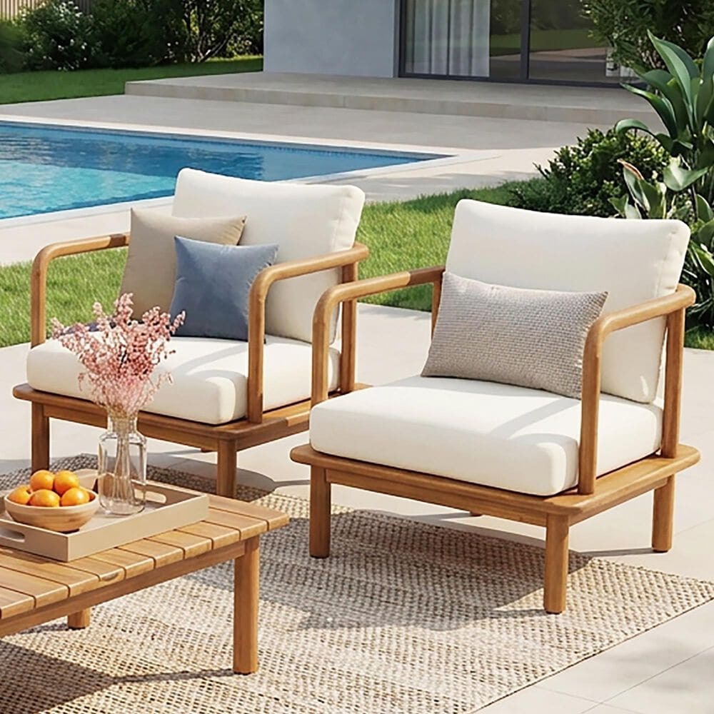 Hearth and Haven Canape Outdoor Club Chair with Curved Arms and Cushions in Cream (Set of 2), , large