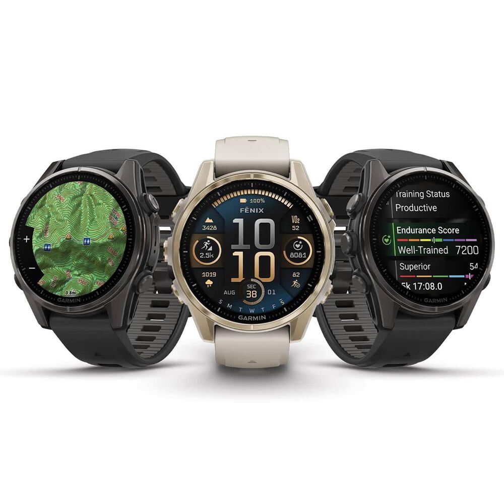 Garmin Fenix 8 Sapphire AMOLED Smartwatch 43mm Soft Gold Case with Fog Gray and Dark Sandstone Silicone Band, , large