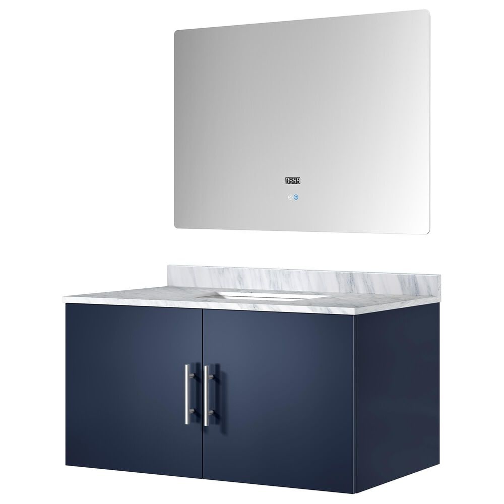 Lexora Home Geneva 36" Single Bathroom Vanity in Glossy White with 2 cm White Carrara Marble Top, Rectangular Sink and 36" LED Mirror, , large