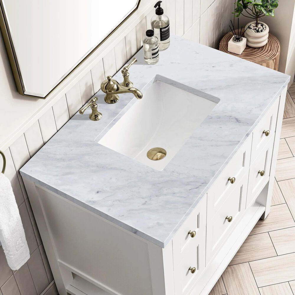 James Martin Vanities Breckenridge 36&quot; Single Bathroom Vanity in Bright White with 3 cm Carrara White Marble Top and Rectangular Sink, , large