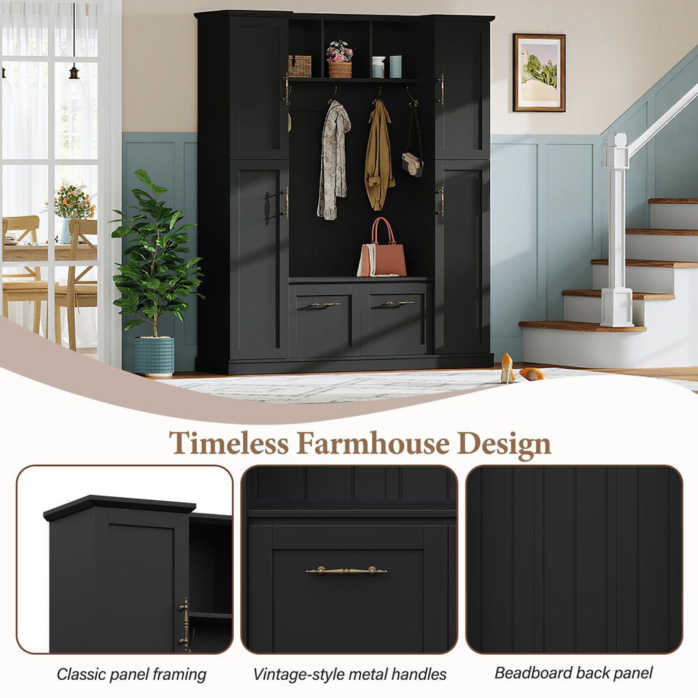 HOMLUX 5-Hook Hall Tree with 4 Side Cabinets and Storage Bench in Black, , large