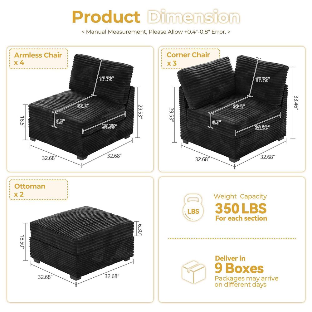 HOMLUX 9-Piece Mod L-Sectional with Chaise in Black, , large