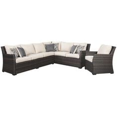 Signature Design by Ashley Easy Isle 2 Piece Sofa Sectional with Chair in Dark Brown and Beige 