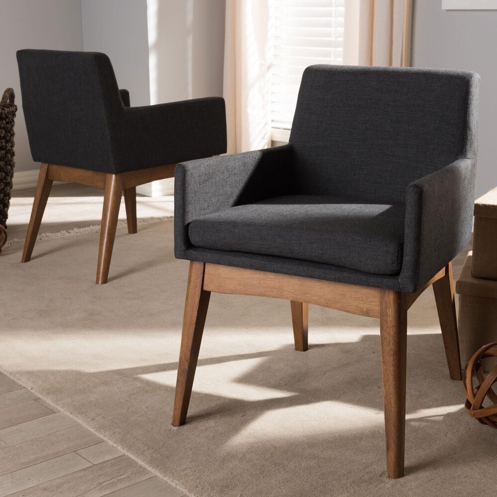 Baxton Studio Nexus Arm Chair with Dark Grey Cushion in Walnut Brown (Set of 2), , large