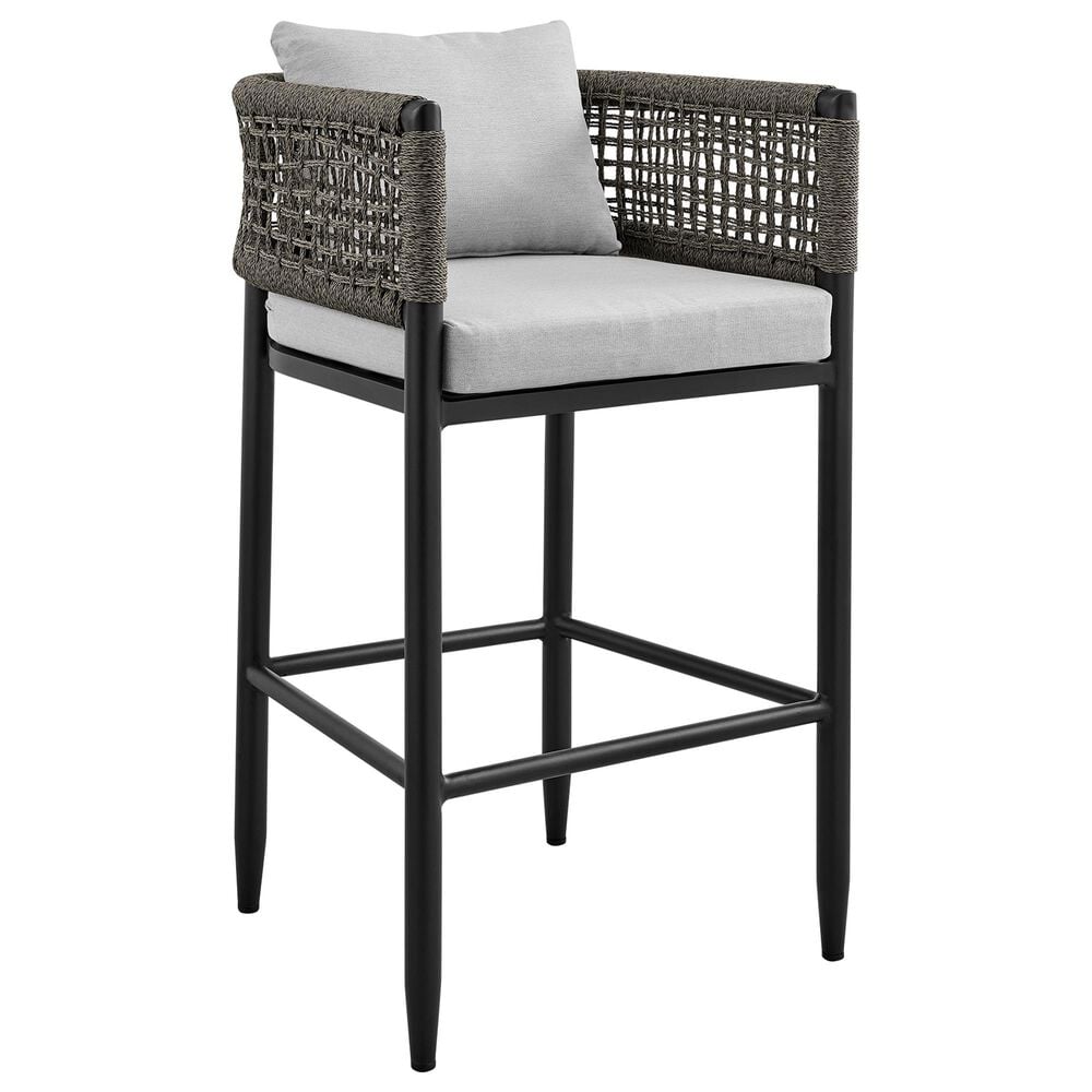 Armen Living Alegria Patio Counter Height Bar Stool with Gray Cushion in Black, , large