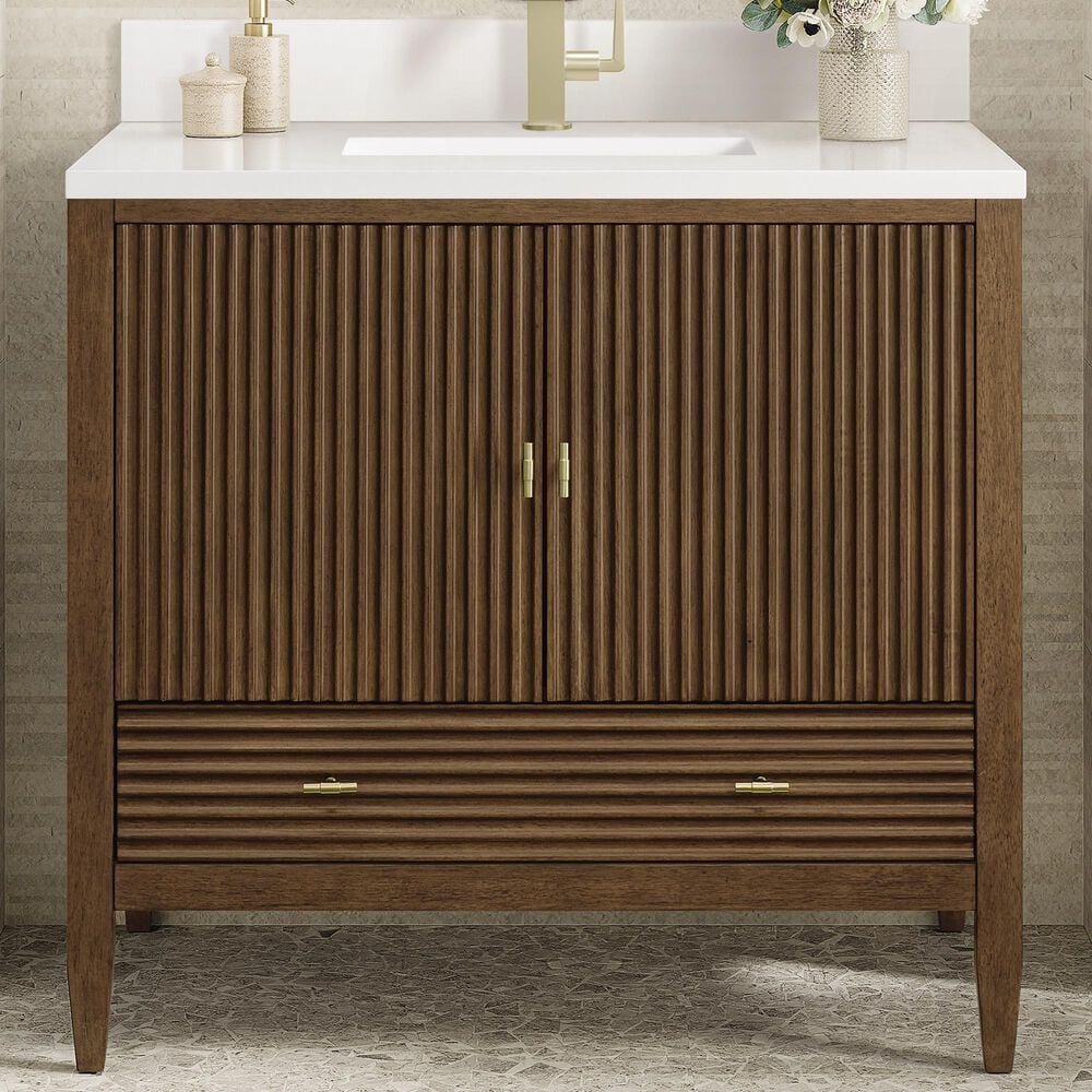 James Martin Vanities Myrrin 36&quot; Vanity in Mid-Century Walnut with Single Hole and 3 cm White Zeus Quartz Top &amp; Backsplash, , large