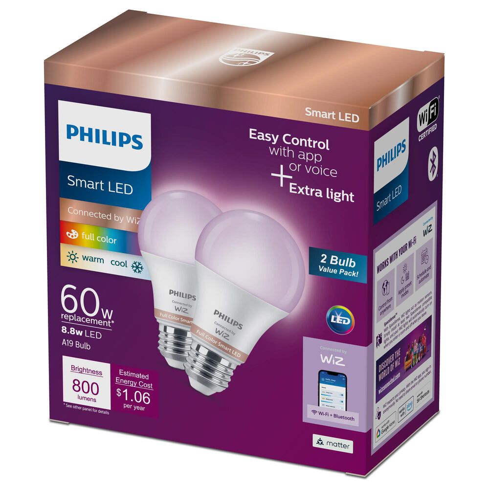 Phillips Hue 60-Watt A19 E26 LED Smart Wi-Fi Bulb in White (Set of 2), , large