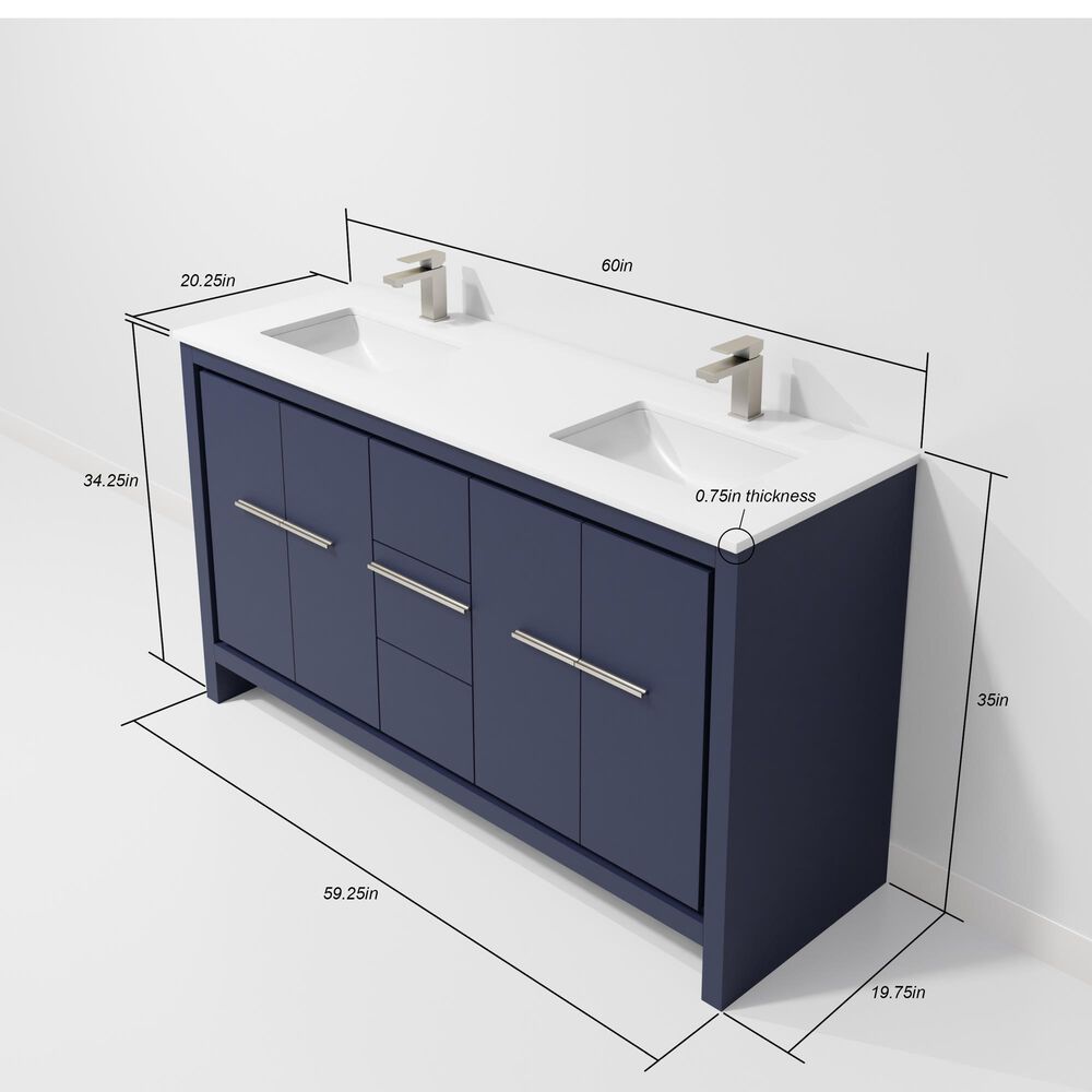 Lexora Home Lafarre 60" Double Bathroom Vanity in Navy Blue with 2 cm White Quartz Top and Rectangular Sinks, , large